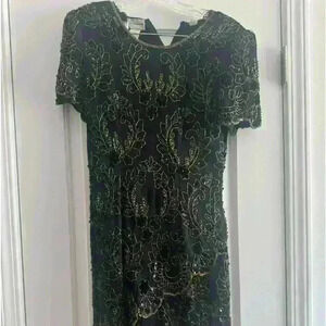 Vintage 1980s Stenay Sequin Dress Black Gold 100% Silk Shoulder Pads Size 6